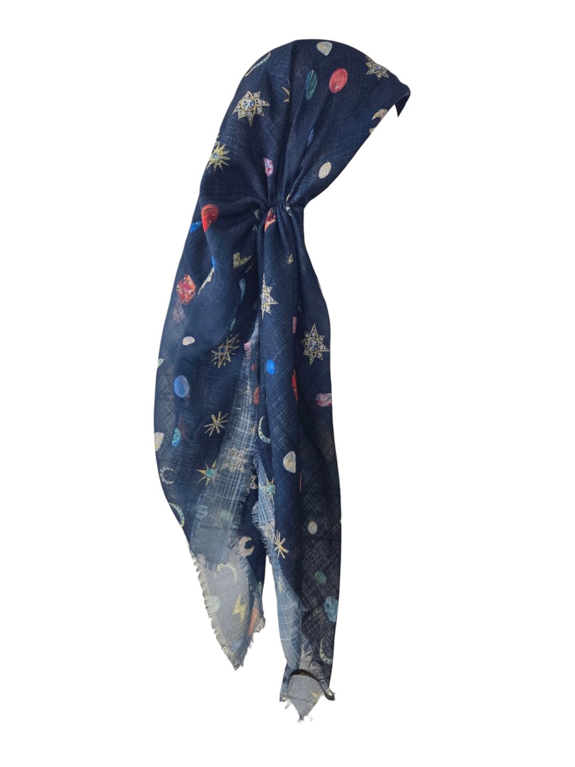 Dark denim cosmic pattern - long kerchief back - soft fringes pretied tichel (BBS) w/band sewn in