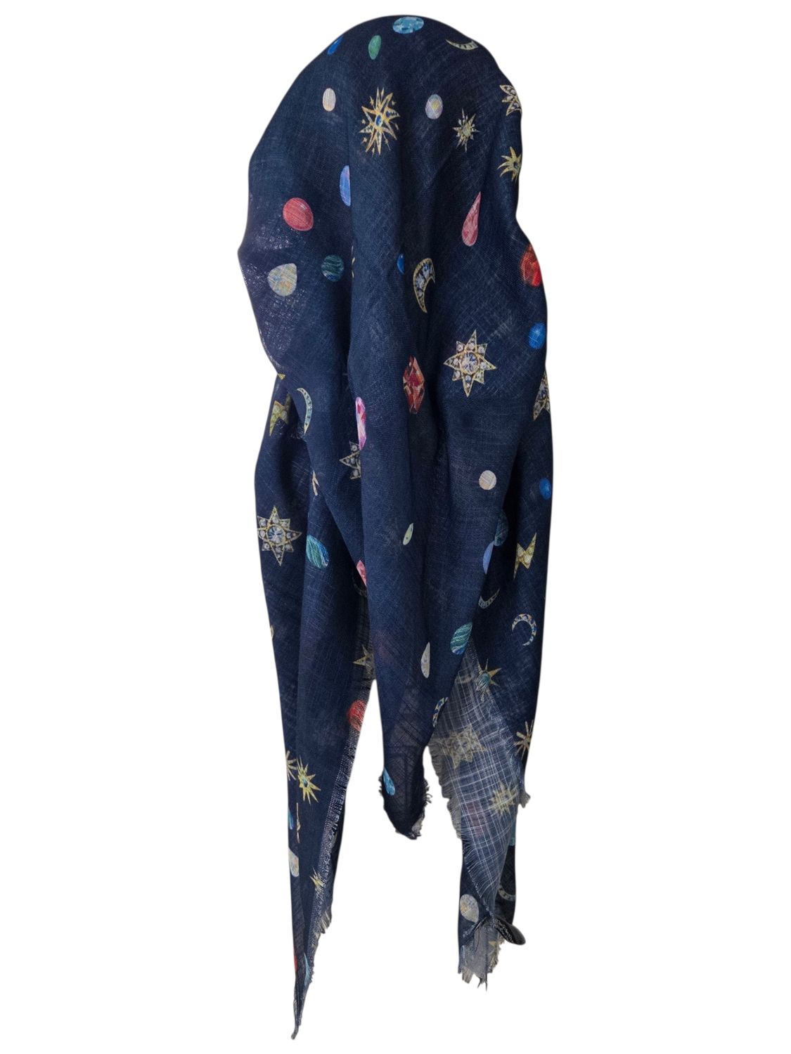 Dark denim cosmic pattern - long kerchief back - soft fringes pretied tichel (BBS) w/band sewn in