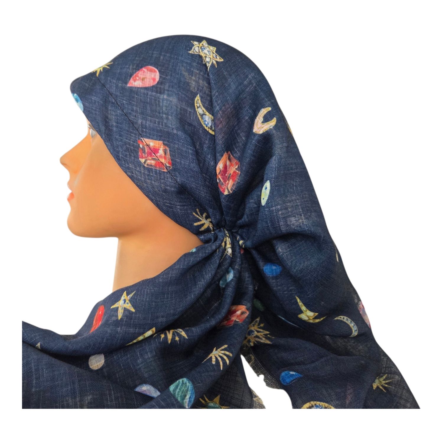 Dark denim cosmic pattern - long kerchief back - soft fringes pretied tichel (BBS) w/band sewn in