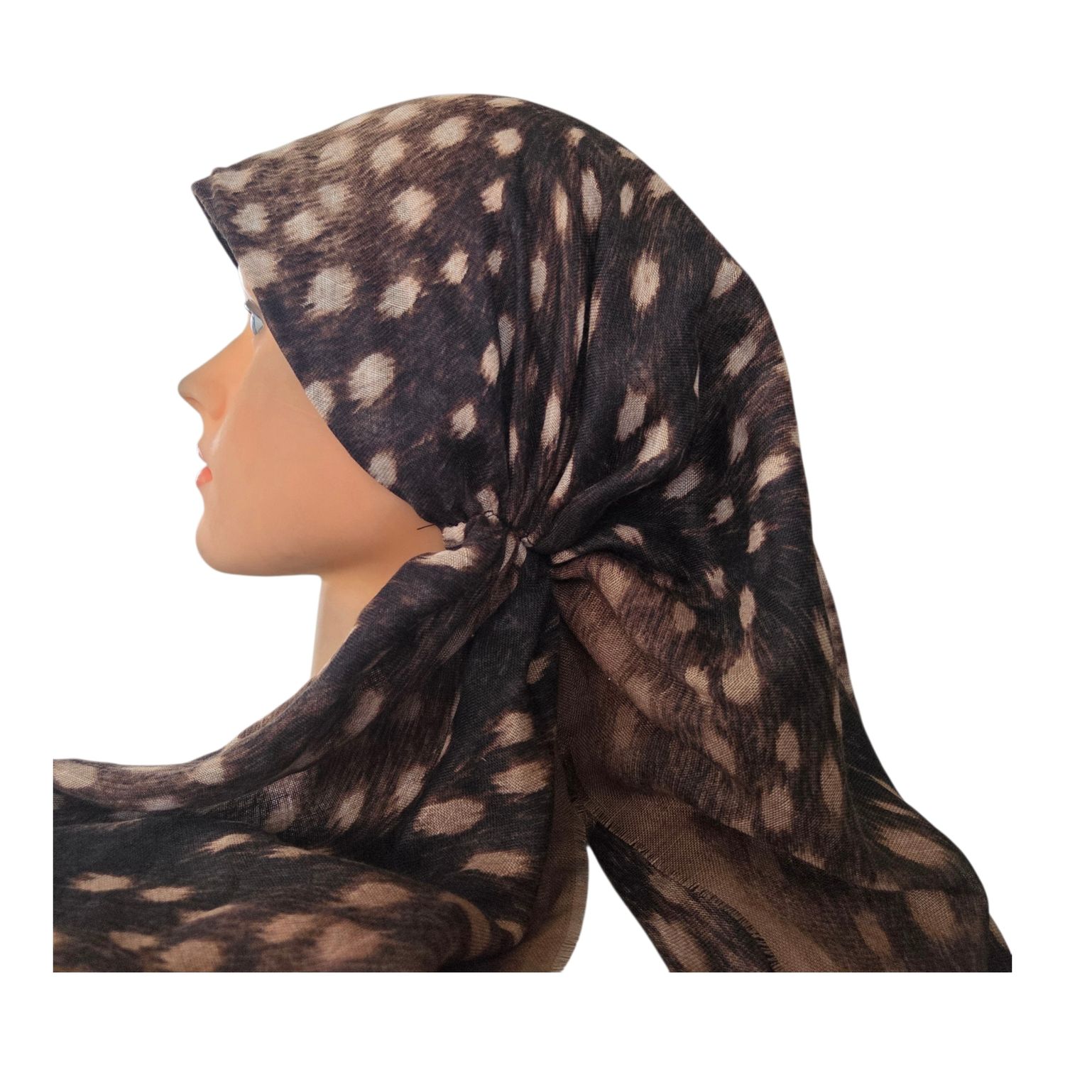 Light brown border - tiger patterned - long kerchief back - soft fringes pretied tichel (BBS) w/band sewn in