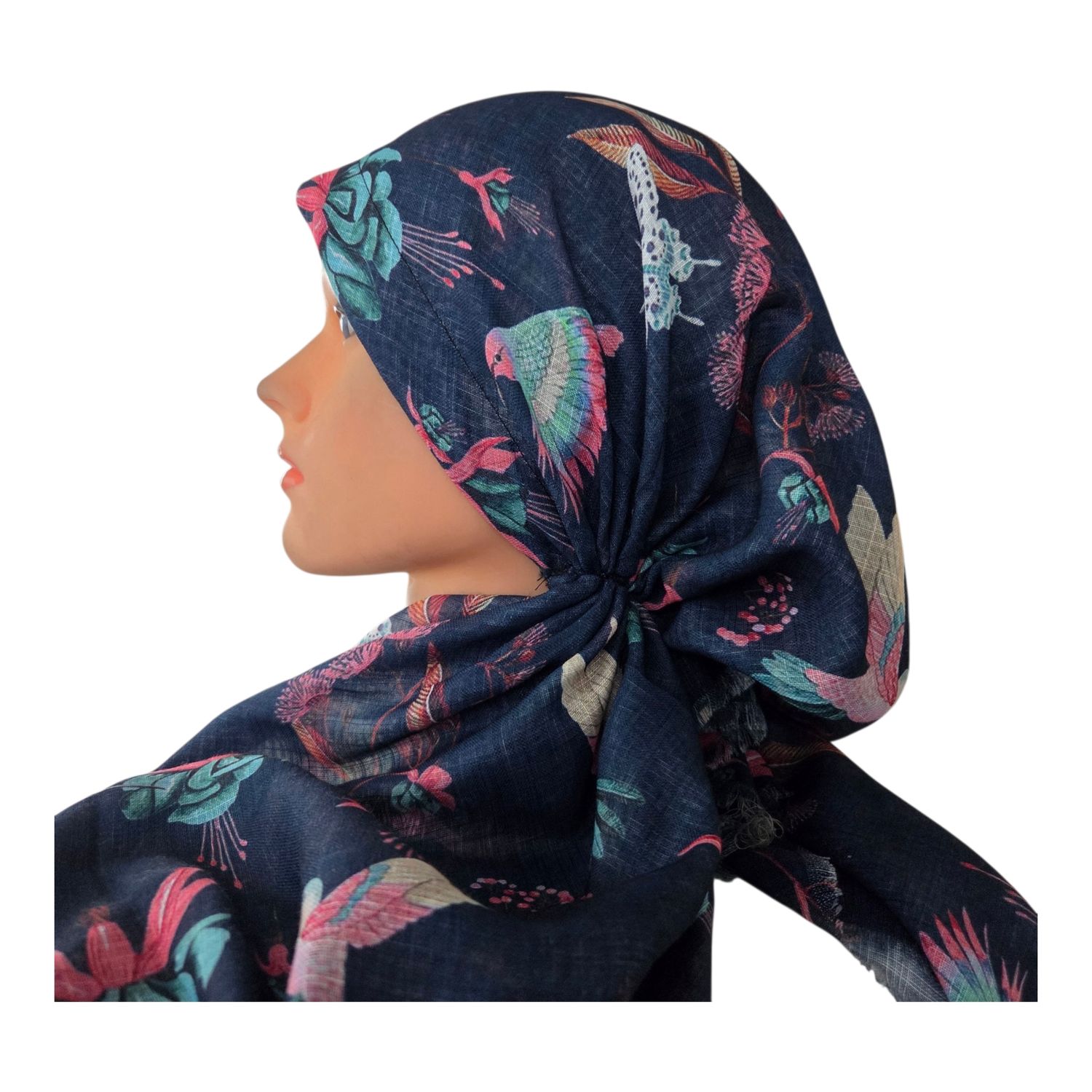 Dark denim birds - soft fringes pretied tichel