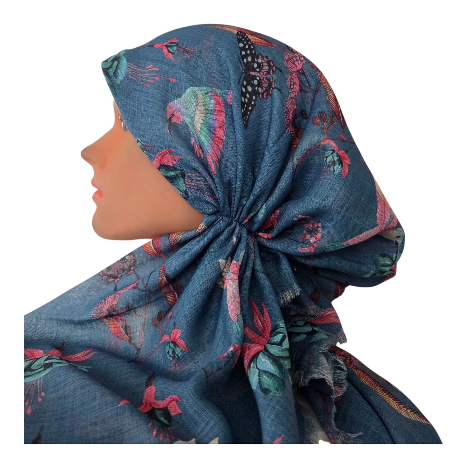 Light denim birds - soft fringes pretied tichel