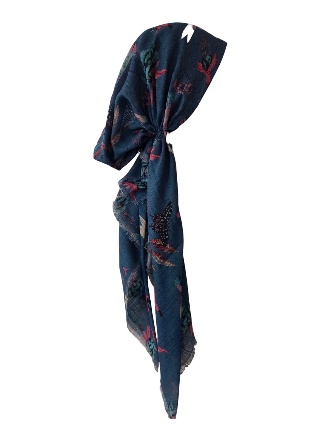 Light denim birds - soft fringes pretied tichel