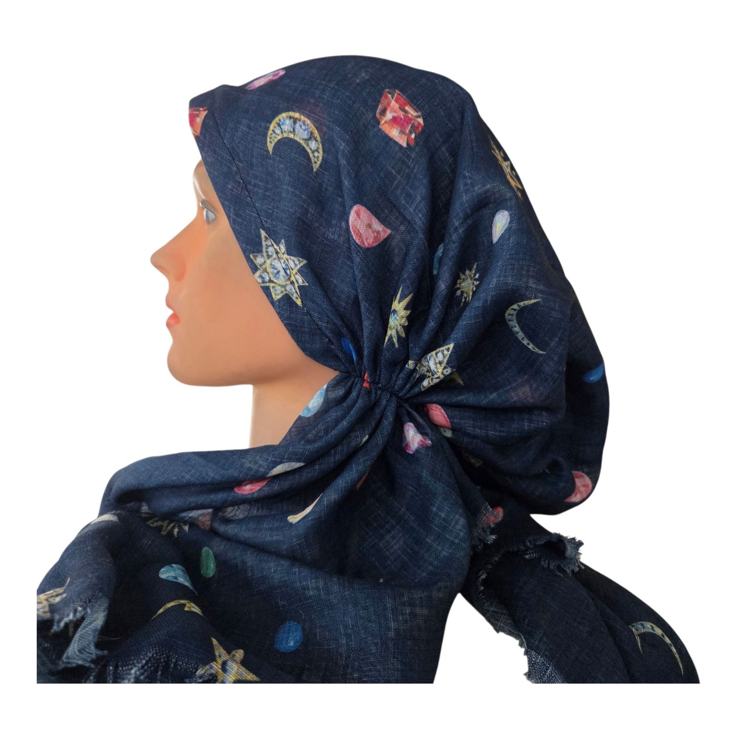 Dark denim Cosmic pattern - soft fringes pretied tichel