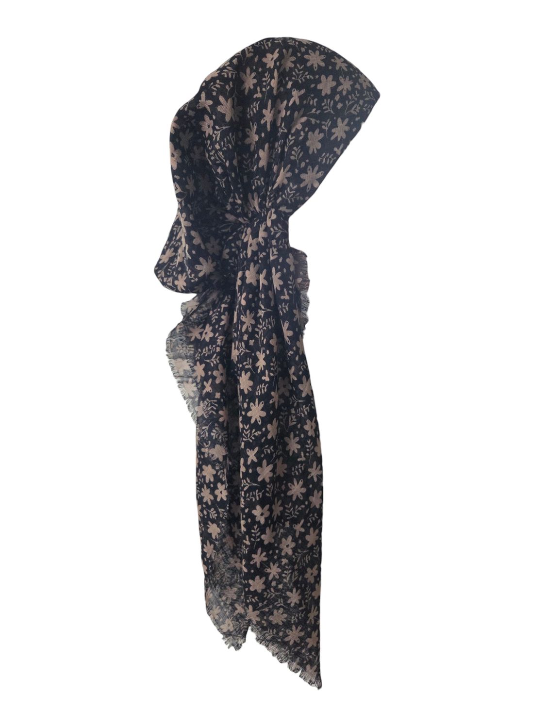 Black &amp; tan floral - soft fringes pretied tichel