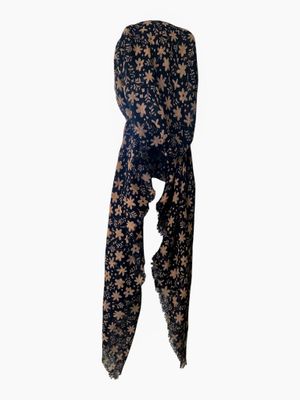 Black &amp; tan floral - soft fringes pretied tichel