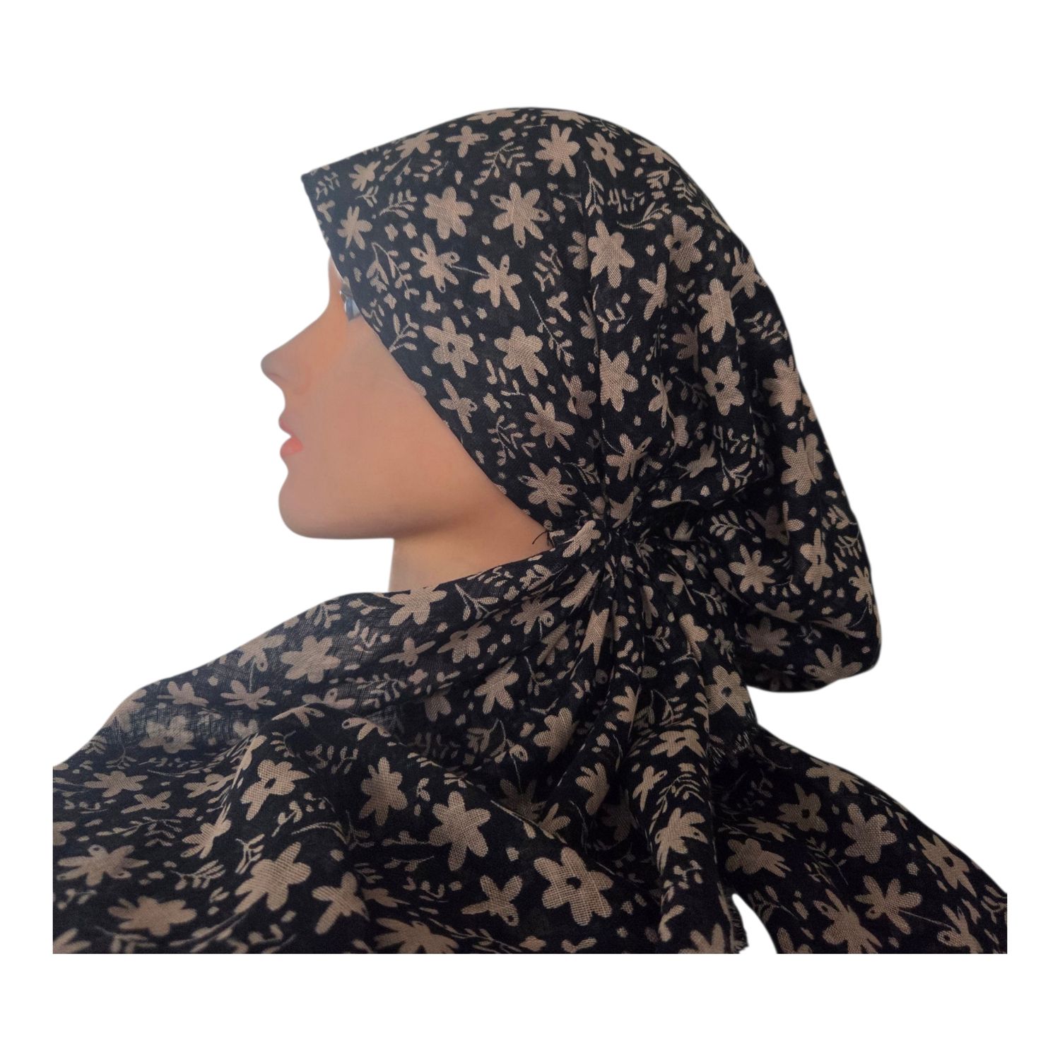 Black &amp; tan floral - soft fringes pretied tichel