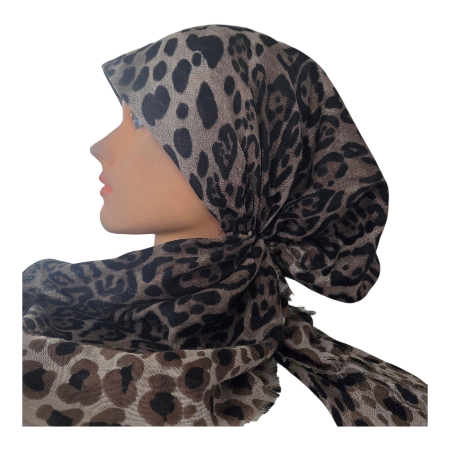 Black &amp; tan leopard - soft fringes pretied tichel
