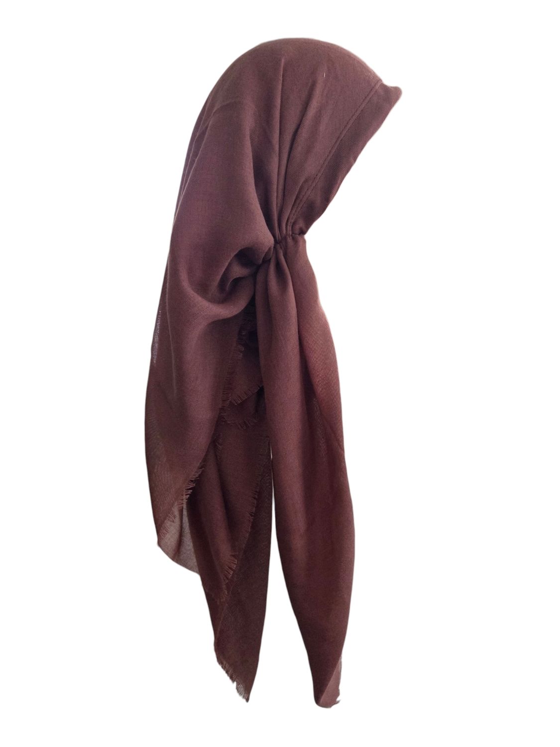 Solid medium brown - long back pre-tied kerchief w/band sewn in  -  soft fringed edges material