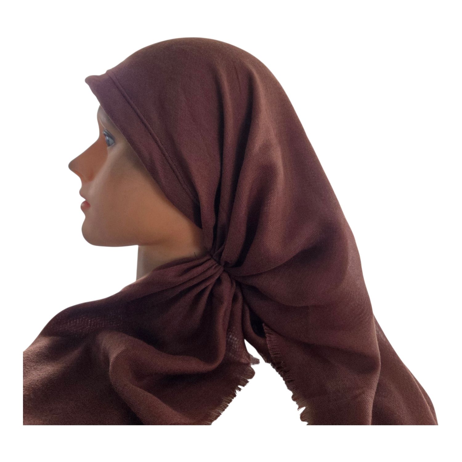 Solid medium brown - long back pre-tied kerchief w/band sewn in  -  soft fringed edges material