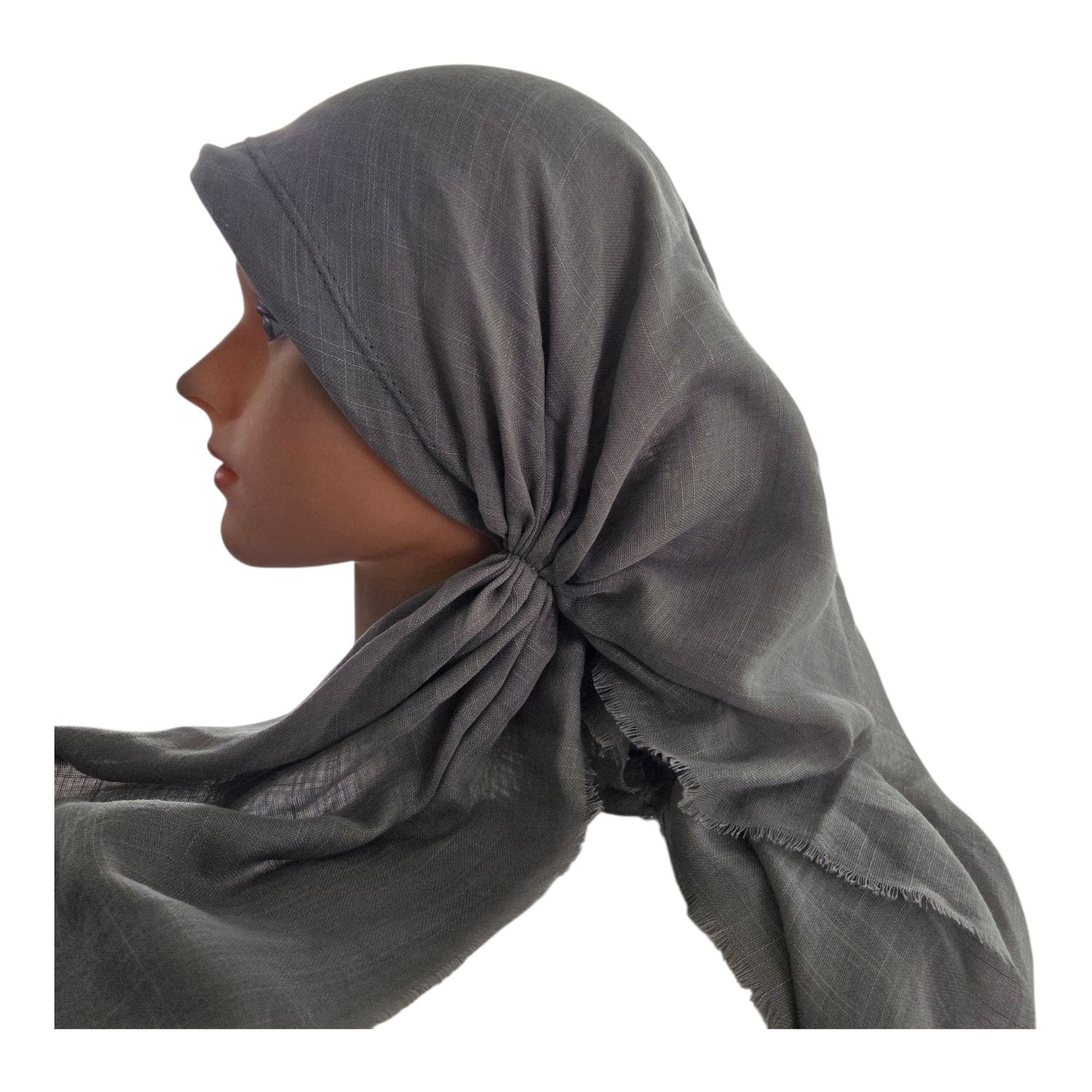 Solid medium gray - long back pre-tied kerchief w/band sewn in  -  soft fringed edges material