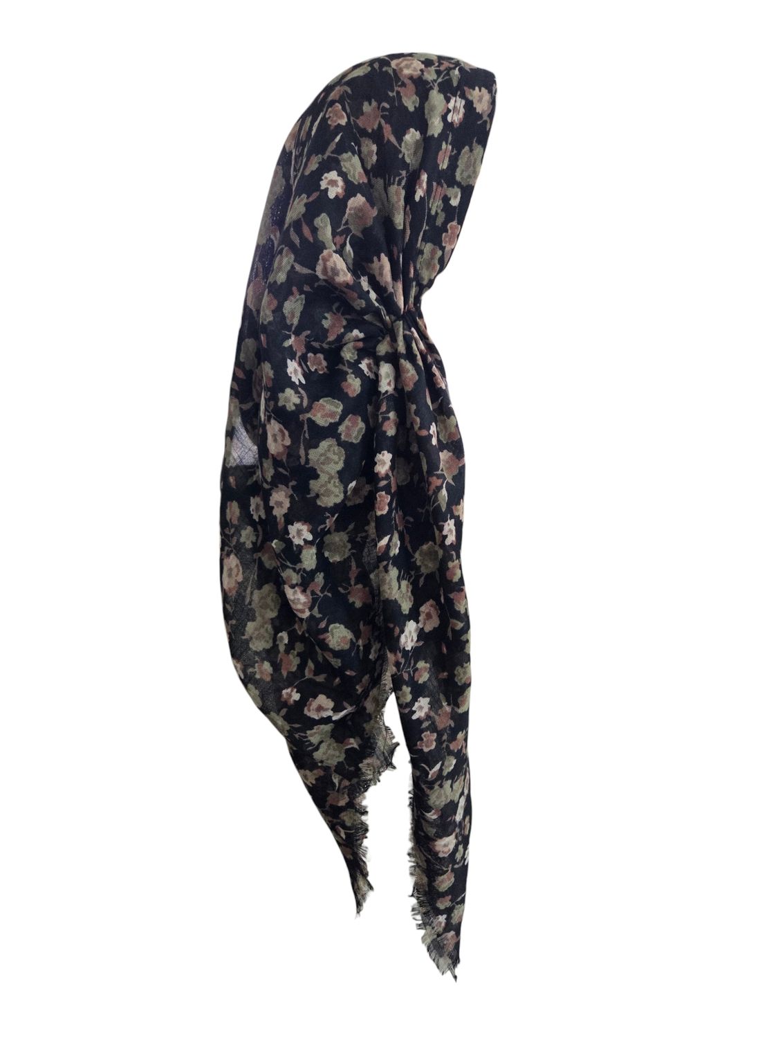Black floral - long back pre-tied kerchief w/band sewn in  -  soft fringed edges material