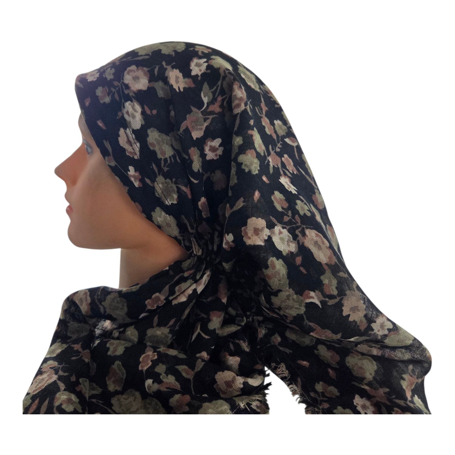 Black floral - long back pre-tied kerchief w/band sewn in  -  soft fringed edges material