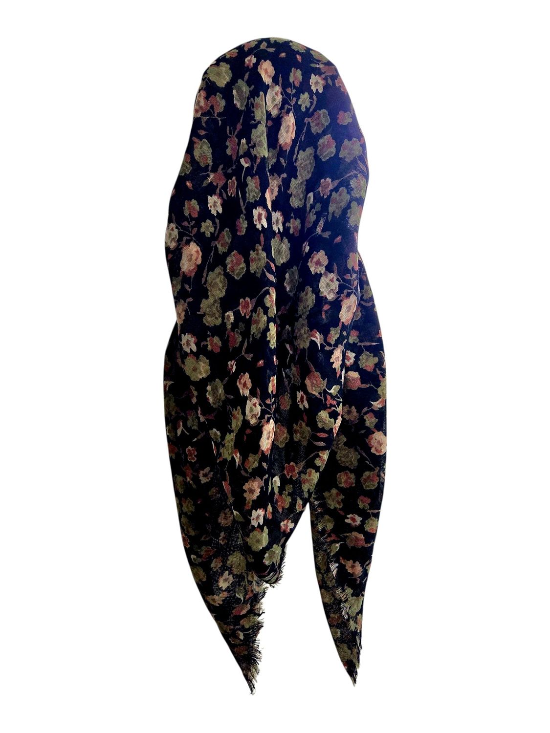 Black floral - long back pre-tied kerchief w/band sewn in  -  soft fringed edges material