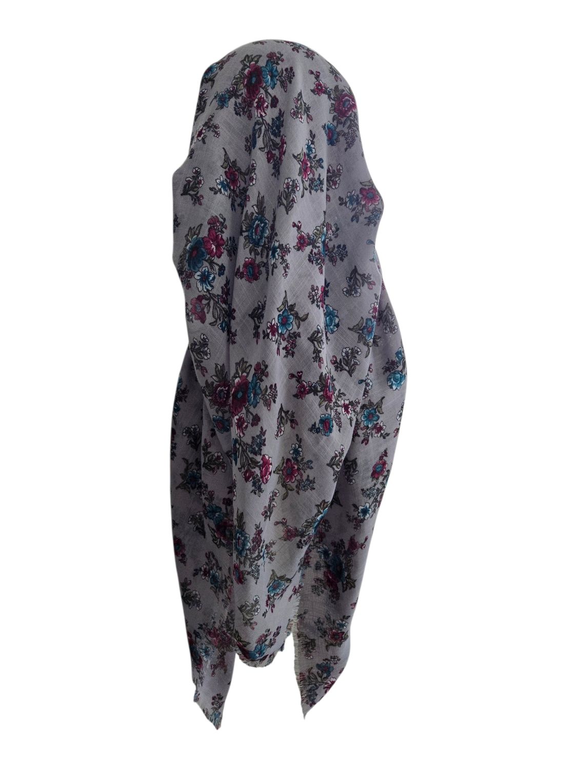 Light gray flowers - long back pre-tied kerchief w/band sewn in  -  soft fringed edges material
