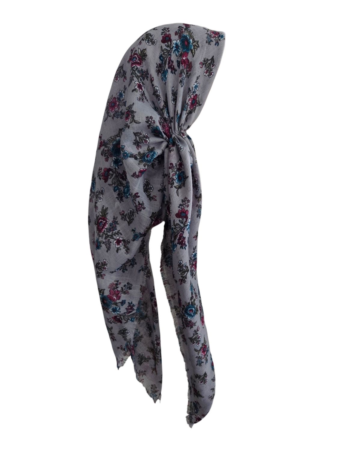 Light gray flowers - long back pre-tied kerchief w/band sewn in  -  soft fringed edges material