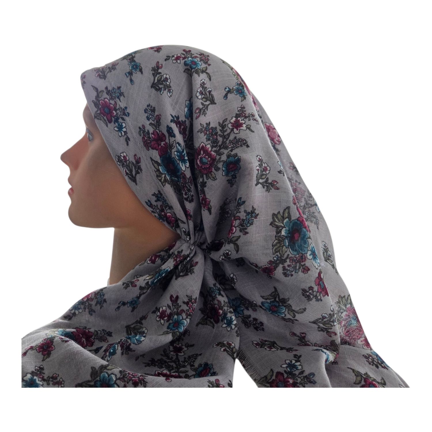 Light gray flowers - long back pre-tied kerchief w/band sewn in  -  soft fringed edges material