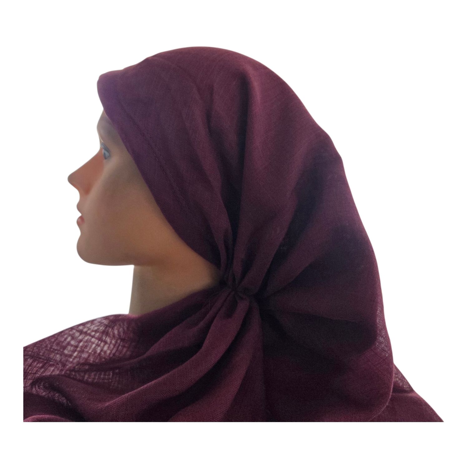 Solid deep berry - long back pre-tied kerchief w/band sewn in  -  soft fringed edges material