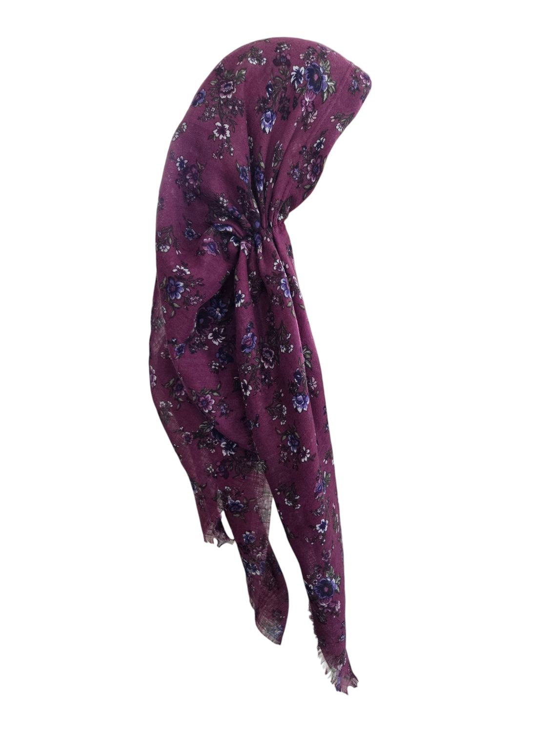 Raspberry/wine flowers - long back pre-tied kerchief w/band sewn in  -  soft fringed edges material