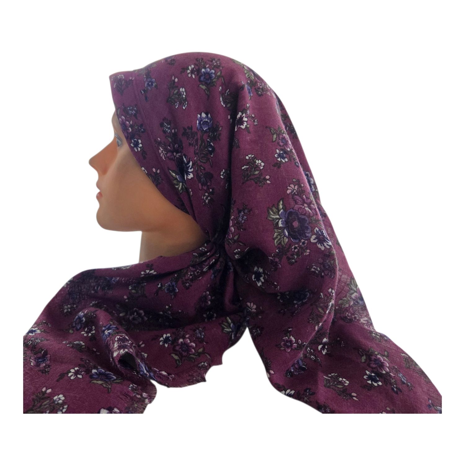 Raspberry/wine flowers - long back pre-tied kerchief w/band sewn in  -  soft fringed edges material