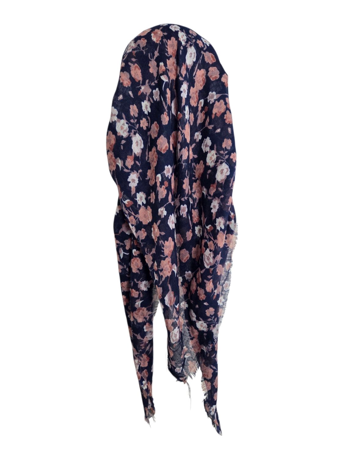 Navy - blush many flowers  - long kerchief back - soft fringes pretied tichel (BBS) w/band sewn in