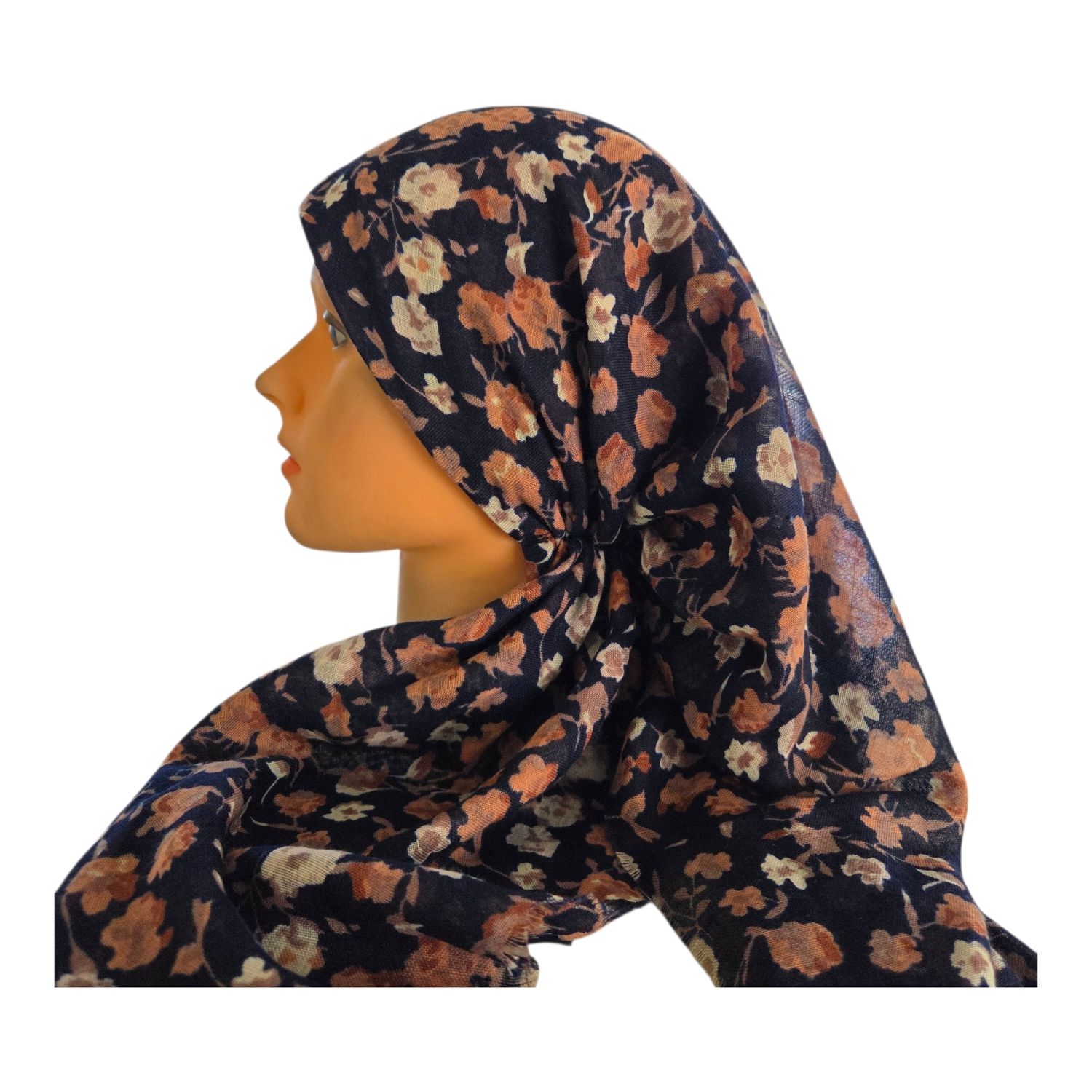 Navy - blush many flowers  - long kerchief back - soft fringes pretied tichel (BBS) w/band sewn in