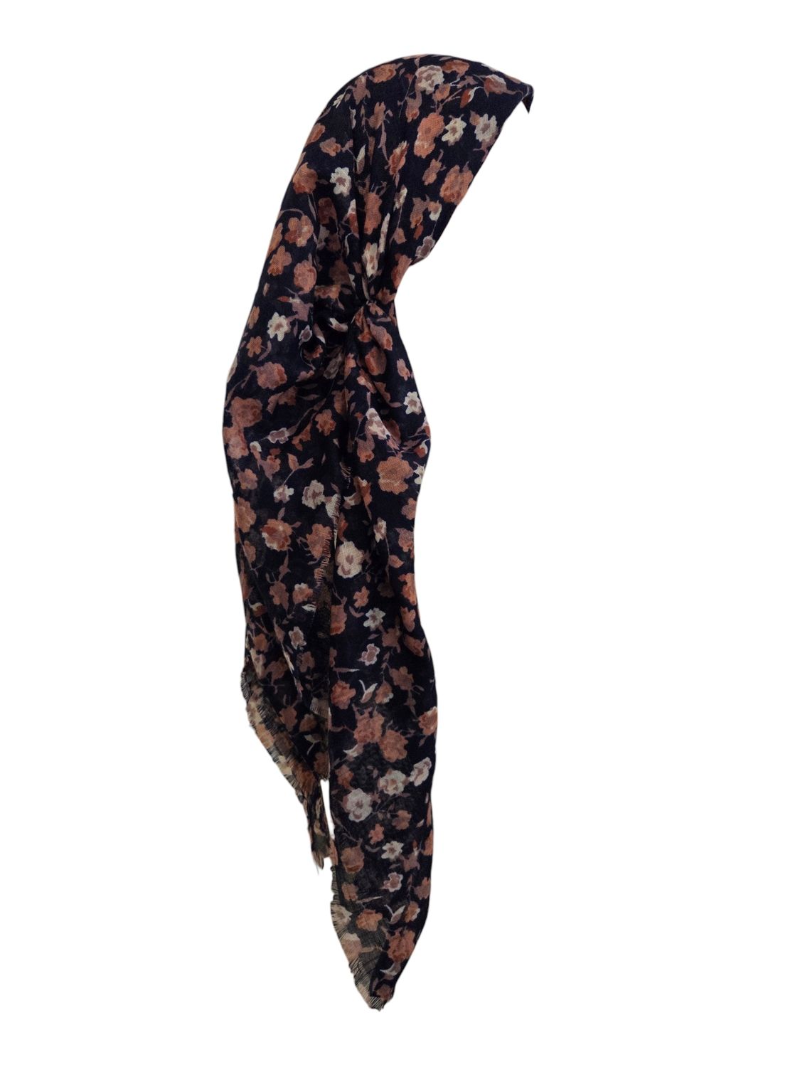 Navy - blush many flowers  - long kerchief back - soft fringes pretied tichel (BBS) w/band sewn in