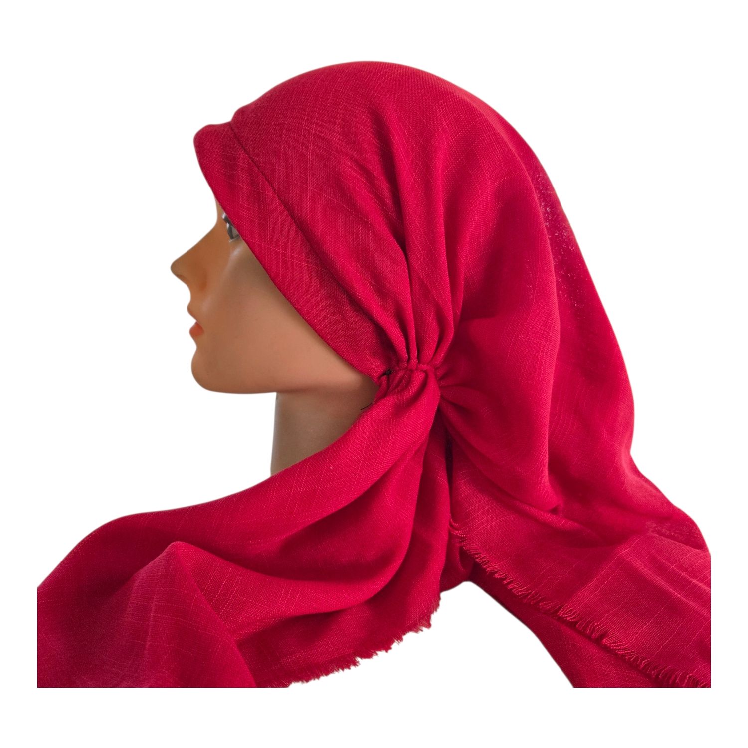 Cherry/deep pink - long kerchief back - soft fringes pretied tichel (BBS) w/band sewn in