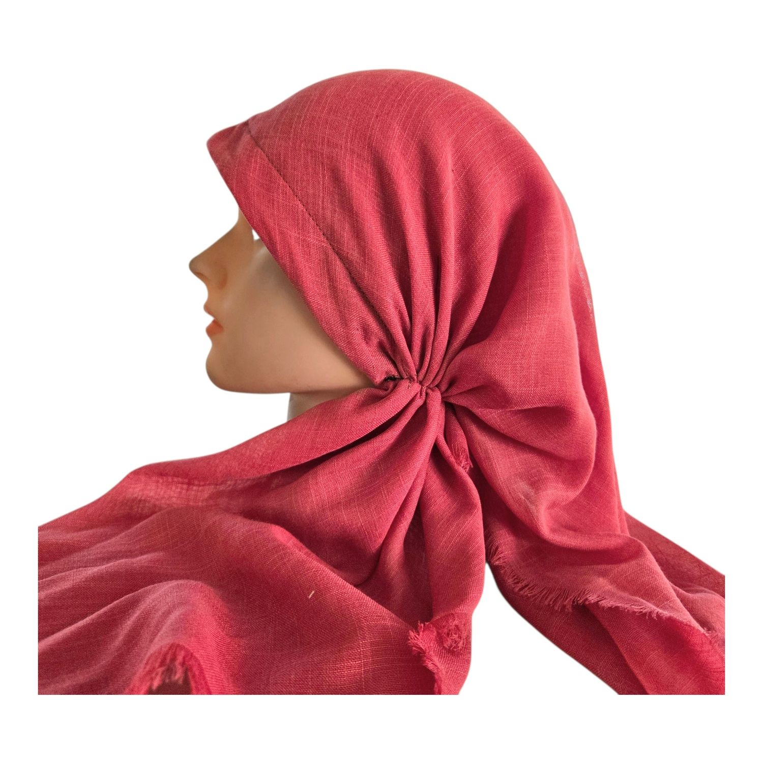 Dusy light coral - long kerchief back - soft fringes pretied tichel (BBS) w/band sewn in