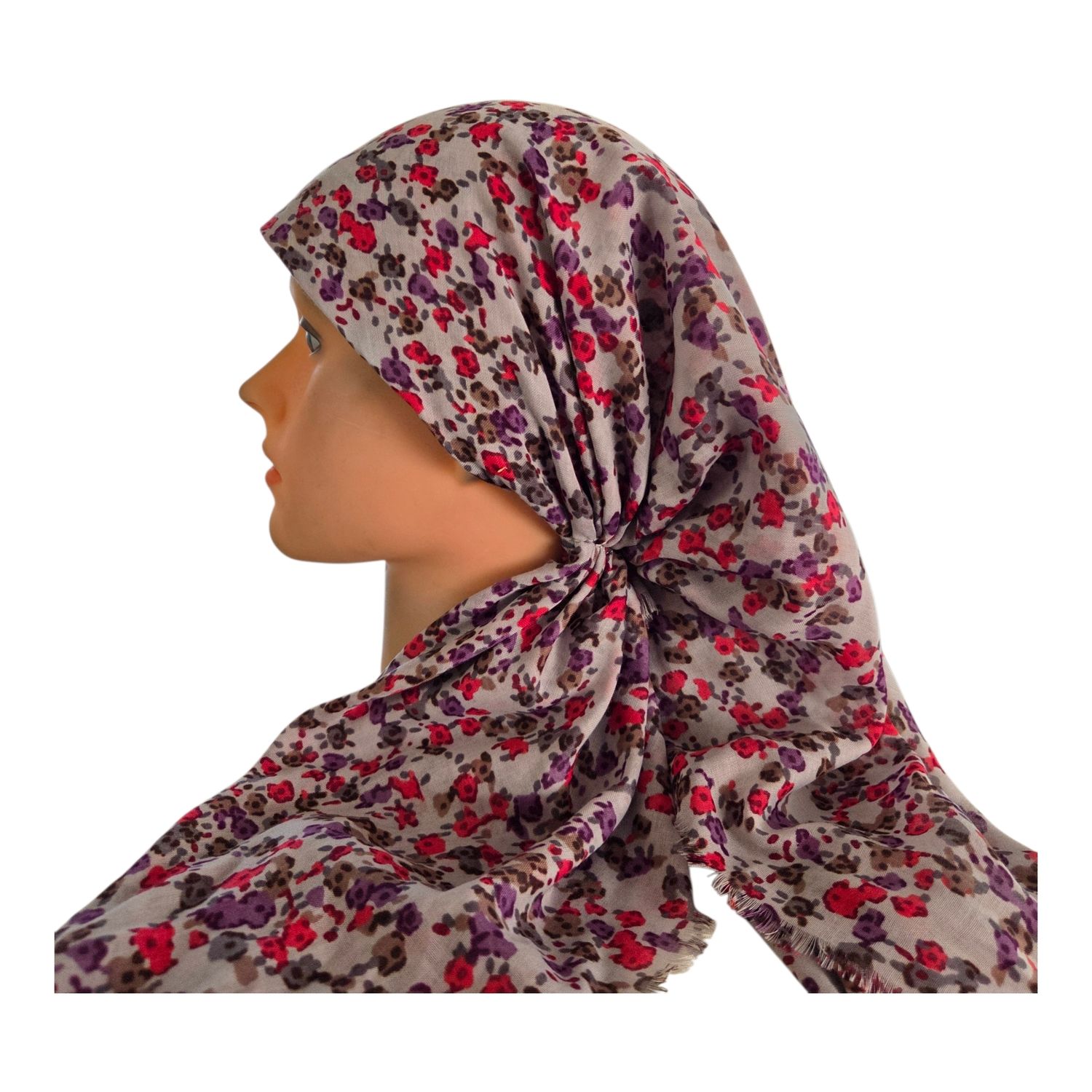 Gray mini floral -  long kerchief back - soft fringes pretied tichel (BBS) w/band sewn in