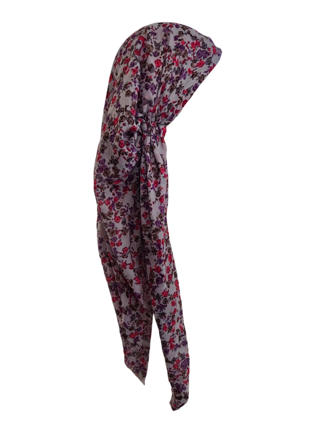 Gray mini floral -  long kerchief back - soft fringes pretied tichel (BBS) w/band sewn in