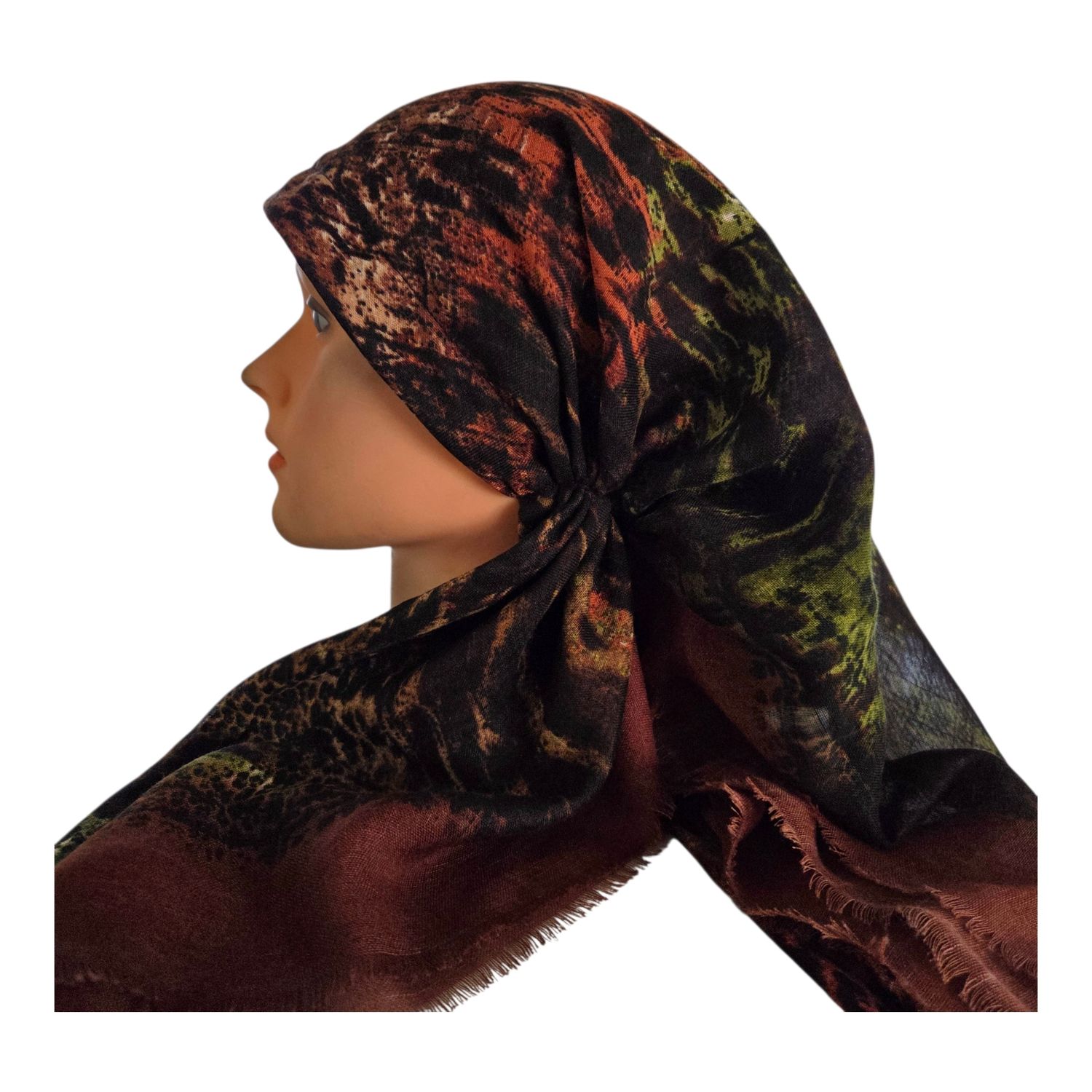 Brown patterned - long kerchief back - soft fringes pretied tichel (BBS) w/band sewn in