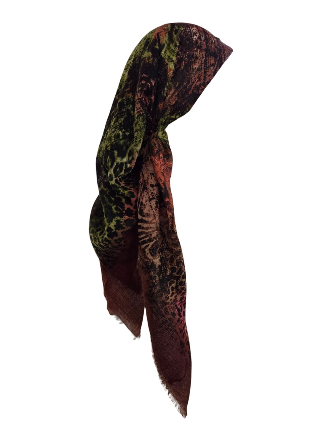 Brown patterned - long kerchief back - soft fringes pretied tichel (BBS) w/band sewn in