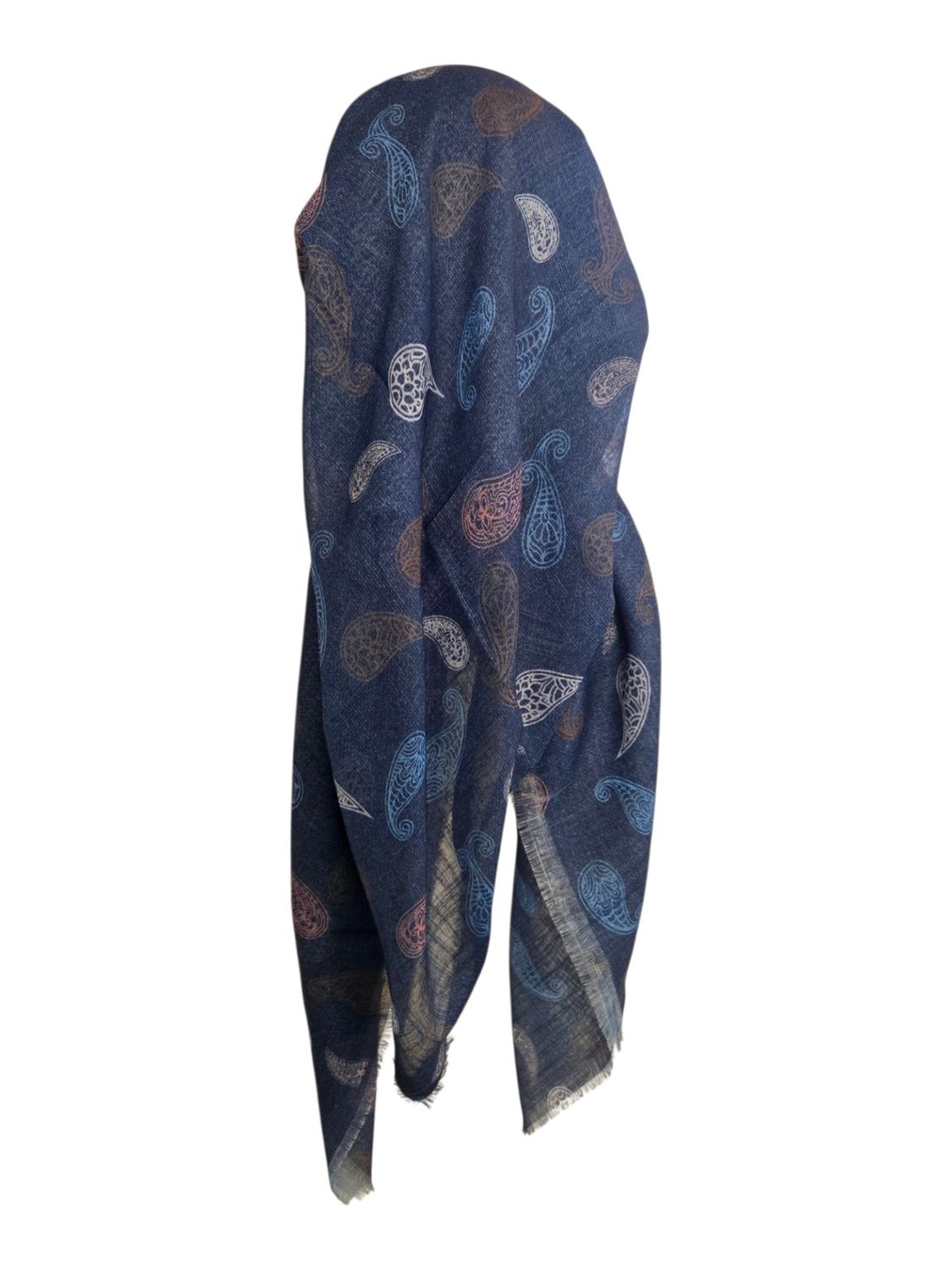 Paisley denim- long back pre-tied kerchief w/band sewn in  -  soft fringed edges material