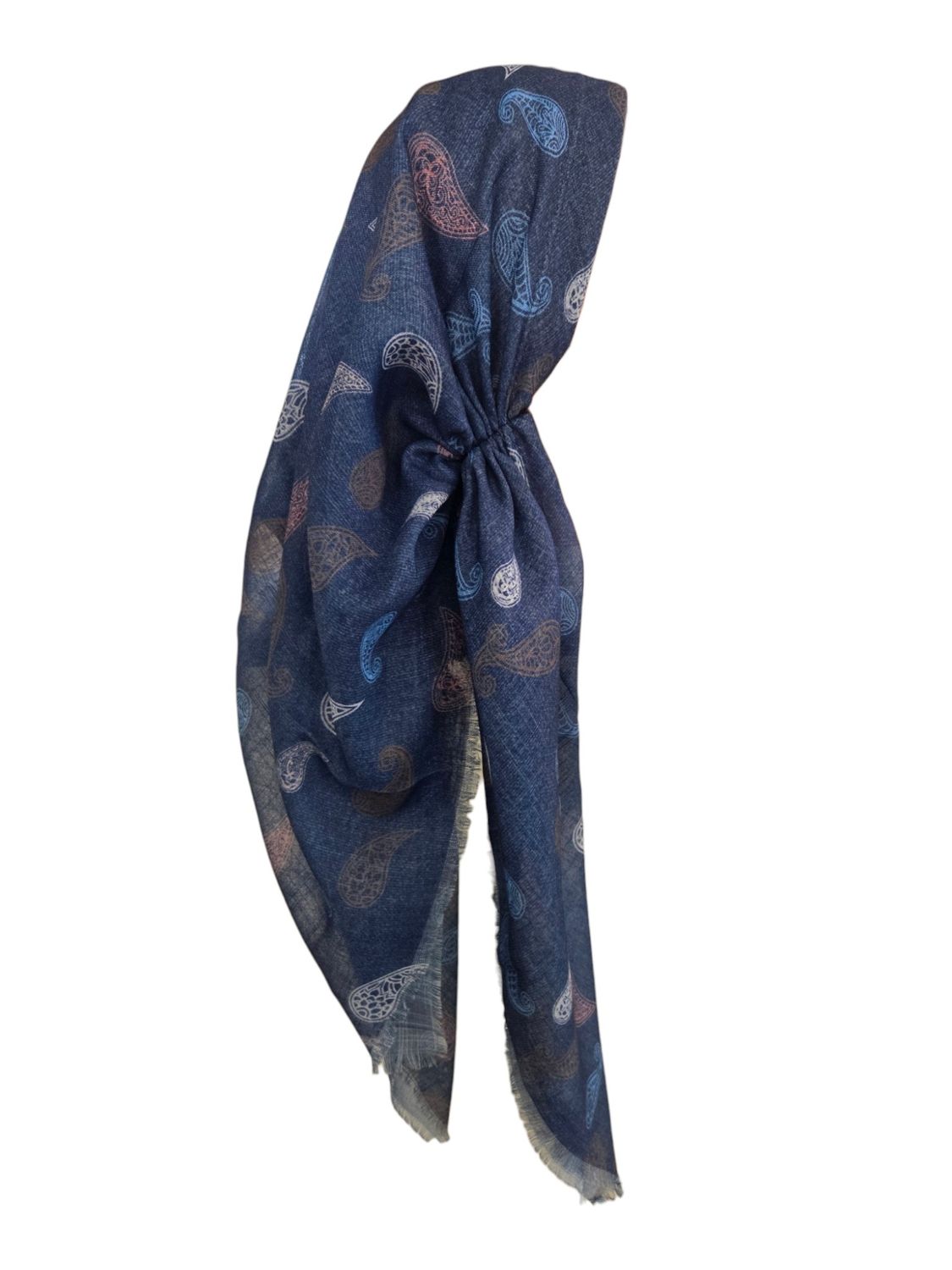Paisley denim- long back pre-tied kerchief w/band sewn in  -  soft fringed edges material