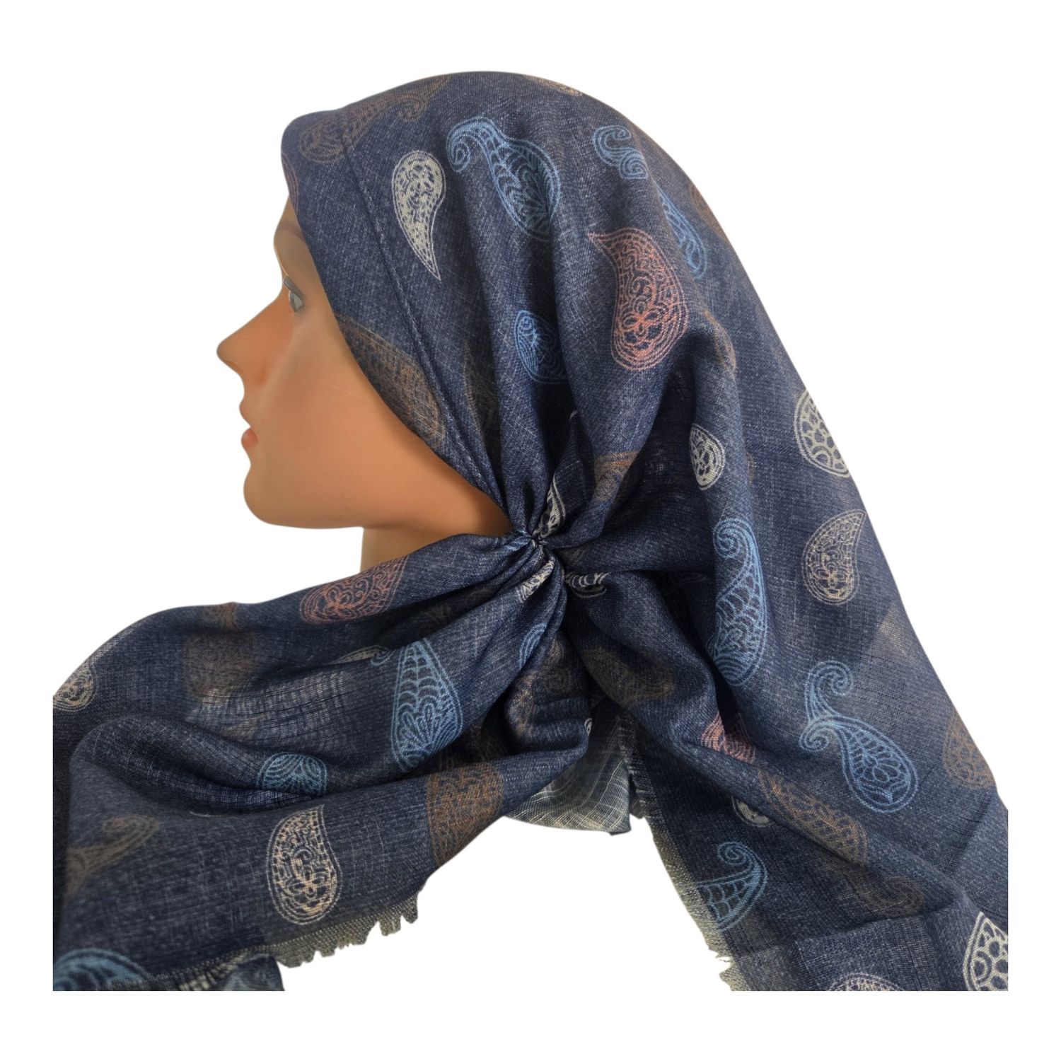 Paisley denim- long back pre-tied kerchief w/band sewn in  -  soft fringed edges material