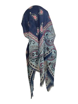 Paisley blue - long back pre-tied kerchief w/band sewn in  -  soft fringed edges material