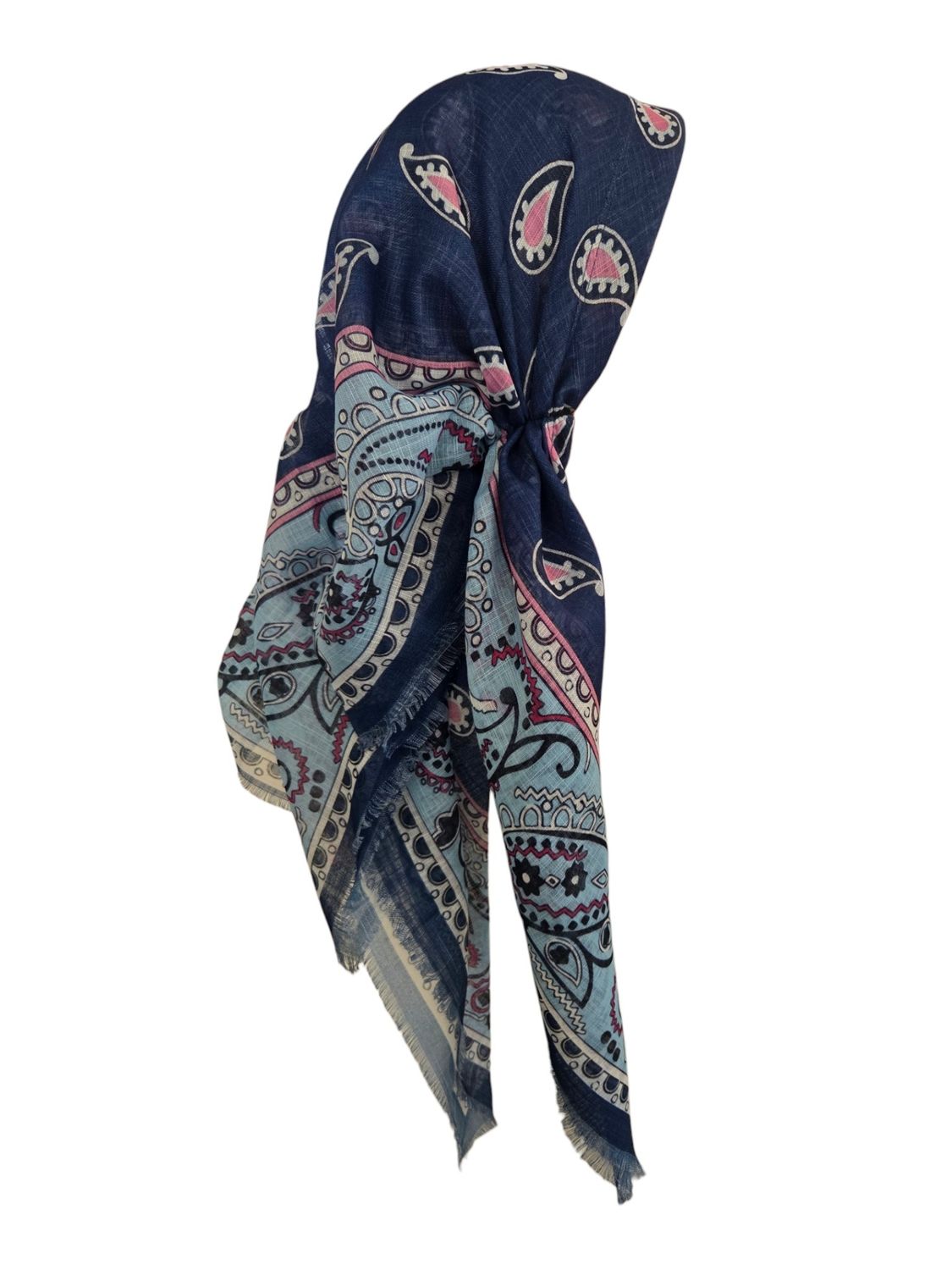 Paisley blue - long back pre-tied kerchief w/band sewn in  -  soft fringed edges material