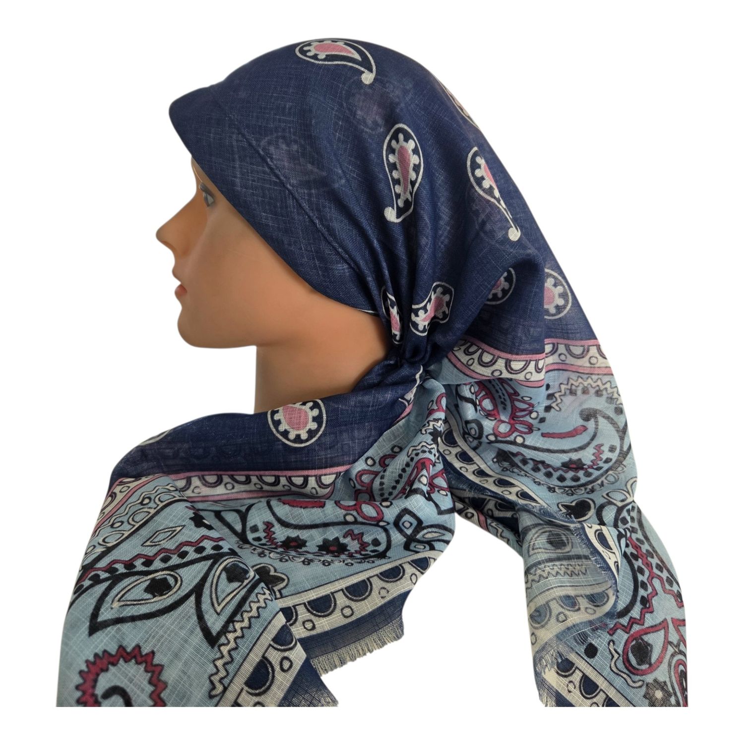 Paisley blue - long back pre-tied kerchief w/band sewn in  -  soft fringed edges material