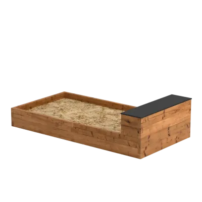 Rectangular wooden sandbox with storage bench