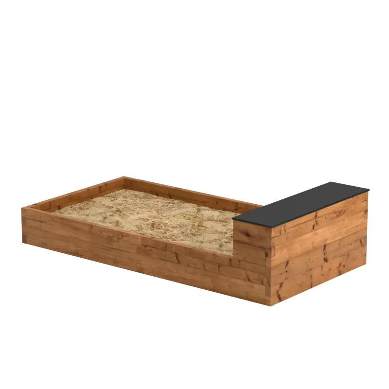 Rectangular wooden sandbox with storage bench