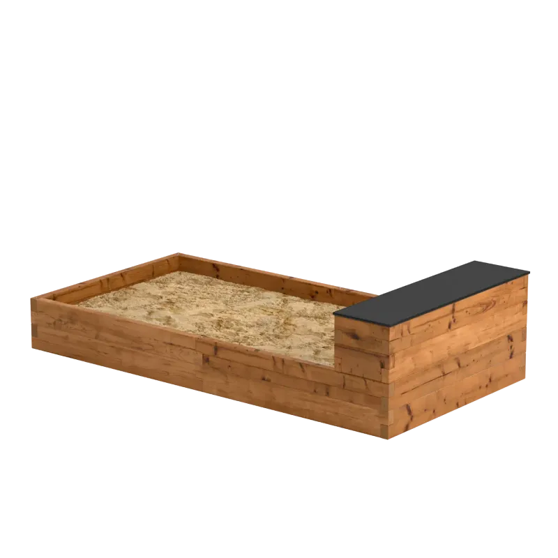 Rectangular wooden sandbox with storage bench