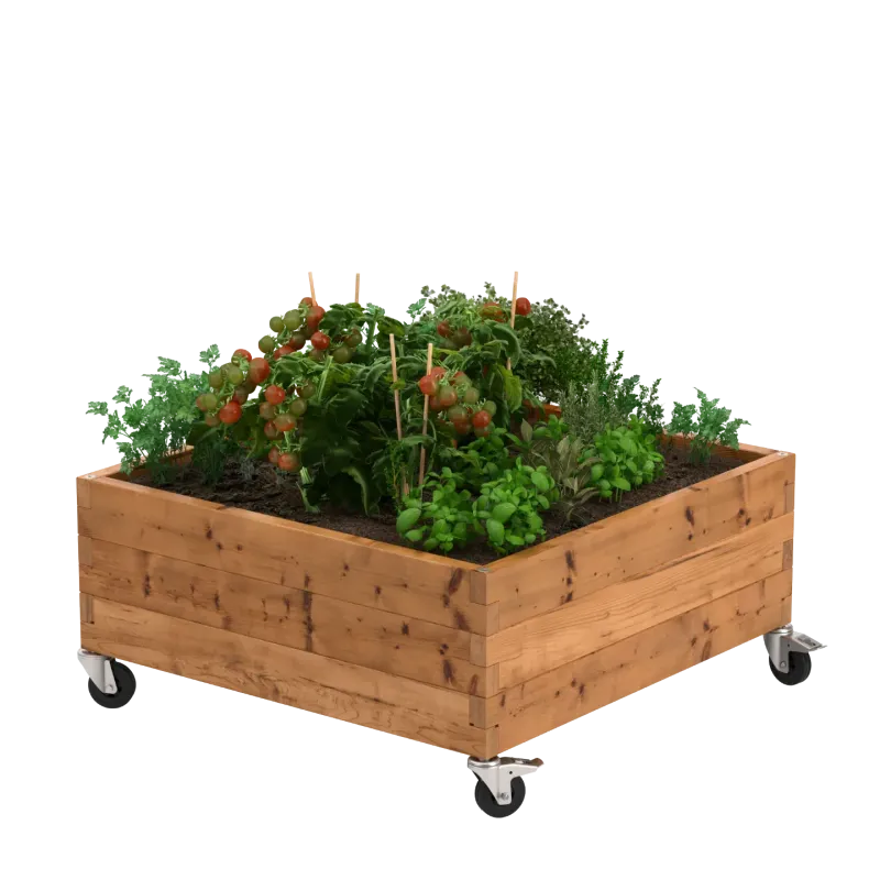Wooden raised garden bed on wheels Moveable low wooden raised garden bed on wheels - 107x107x50 cm | Ideal for urban gardening & patios