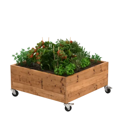 Moveable low wooden raised garden bed on wheels - 107x107x50 cm | Ideal for urban gardening &amp; patios