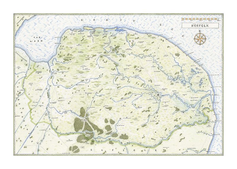 Watercolour map of Norfolk - 70cm x 50cm Watercolour map of Norfolk - 70cm x 50cm
