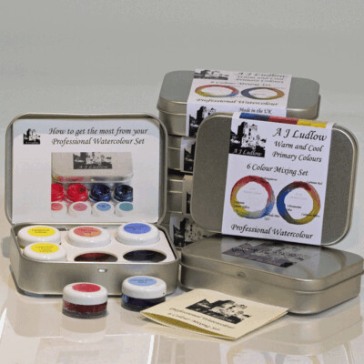 A J Ludlow Gift set of 3 primary cool tone and 3 primary warm tone Professional Watercolours Mini Mixing set