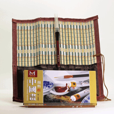 Chinese Painting gift bundle: including two exquisite Chinese Brushes in a Bamboo Brush Wallet and one Painting Colour set