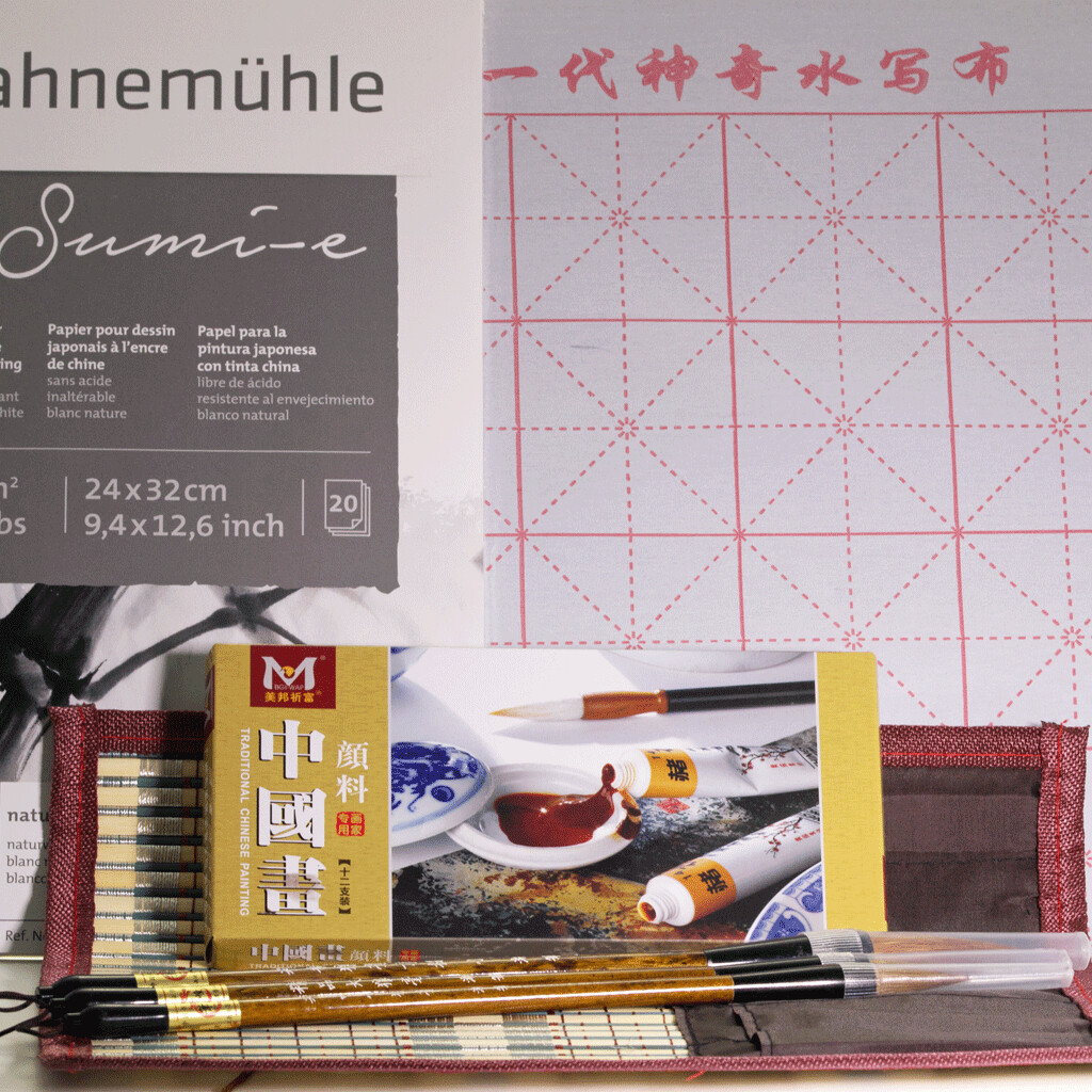 Deluxe Chinese Painting gift bundle: containing a pad of Sumi-e Paper, a Brush Art Practice Cloth, three Brushes in a Bamboo Brush Wallet and one Painting Colour set Deluxe Chinese Painting gift bundle: containing a pad of Sumi-e Paper, a Brush Art Practice Cloth, three Brushes in a Bamboo Brush Wallet and one Painting Colour set