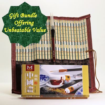 Chinese Painting gift bundle: including two exquisite Chinese Brushes in a Bamboo Brush Wallet and one Painting Colour set