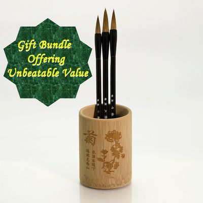 Chinese Painting gift bundle: including three traditional Sable Brushes in a Bamboo Brush Pot.